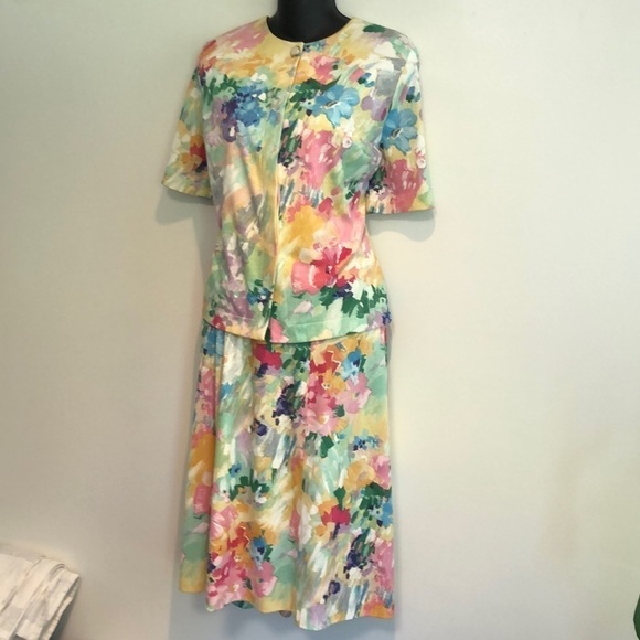 Diane Roberts vintage matching set skirt and top bright floral print size 14